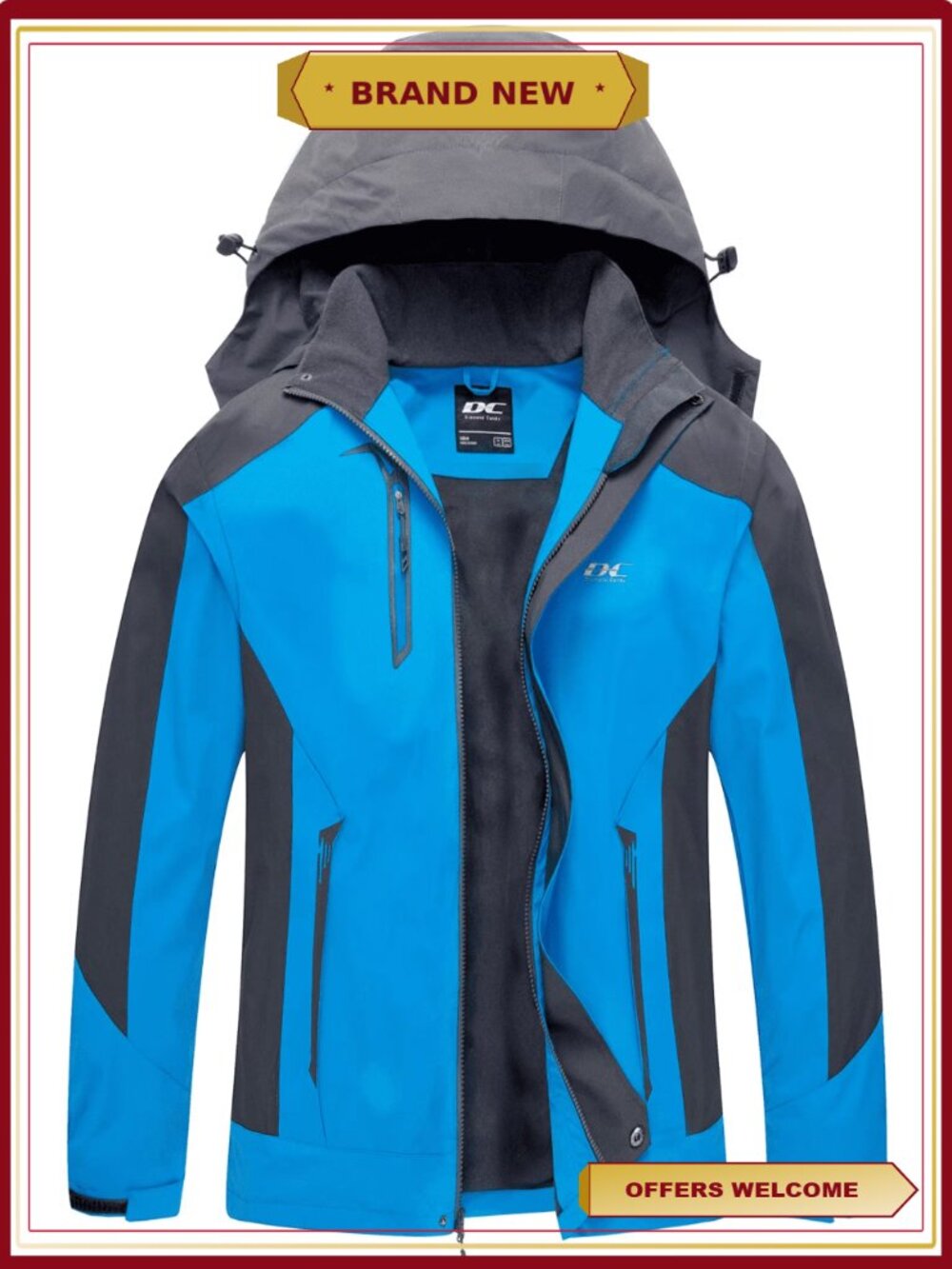 Men's Hooded Waterproof Rain Jacket Lightweight Outdoor Sportswear Fleece-Lined